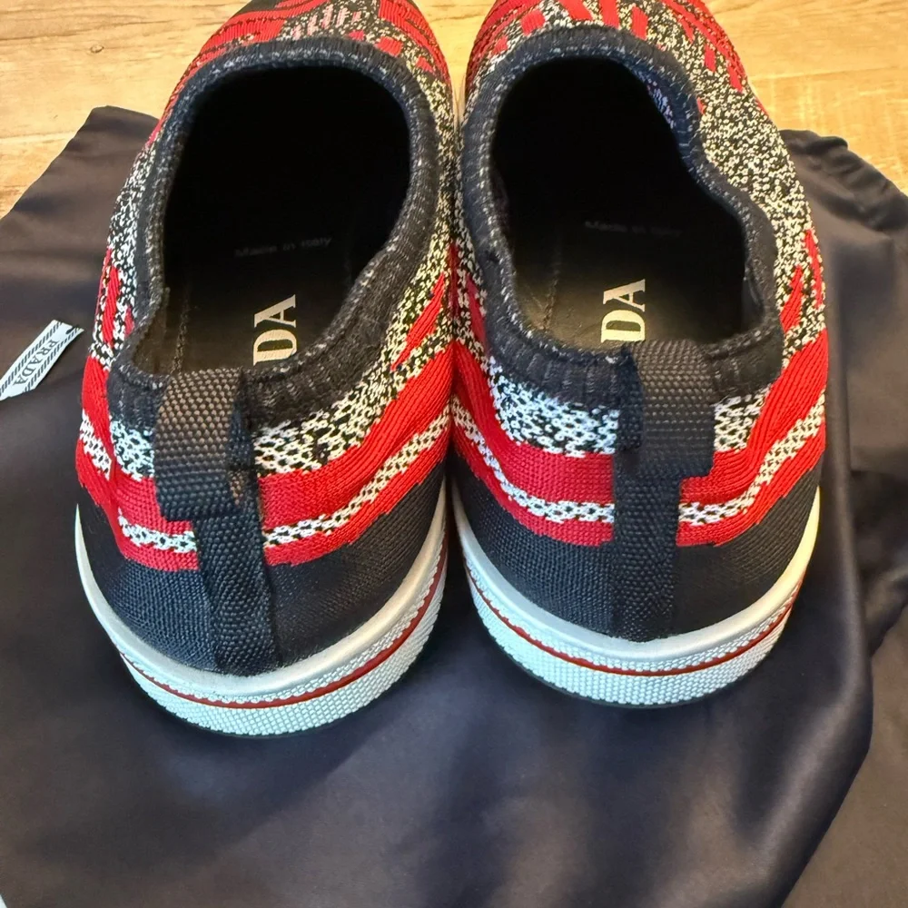 Prada Women’s Calzature Donna Knit Slip-On Sneakers — Black & Red 39 - Picture 4 of 15